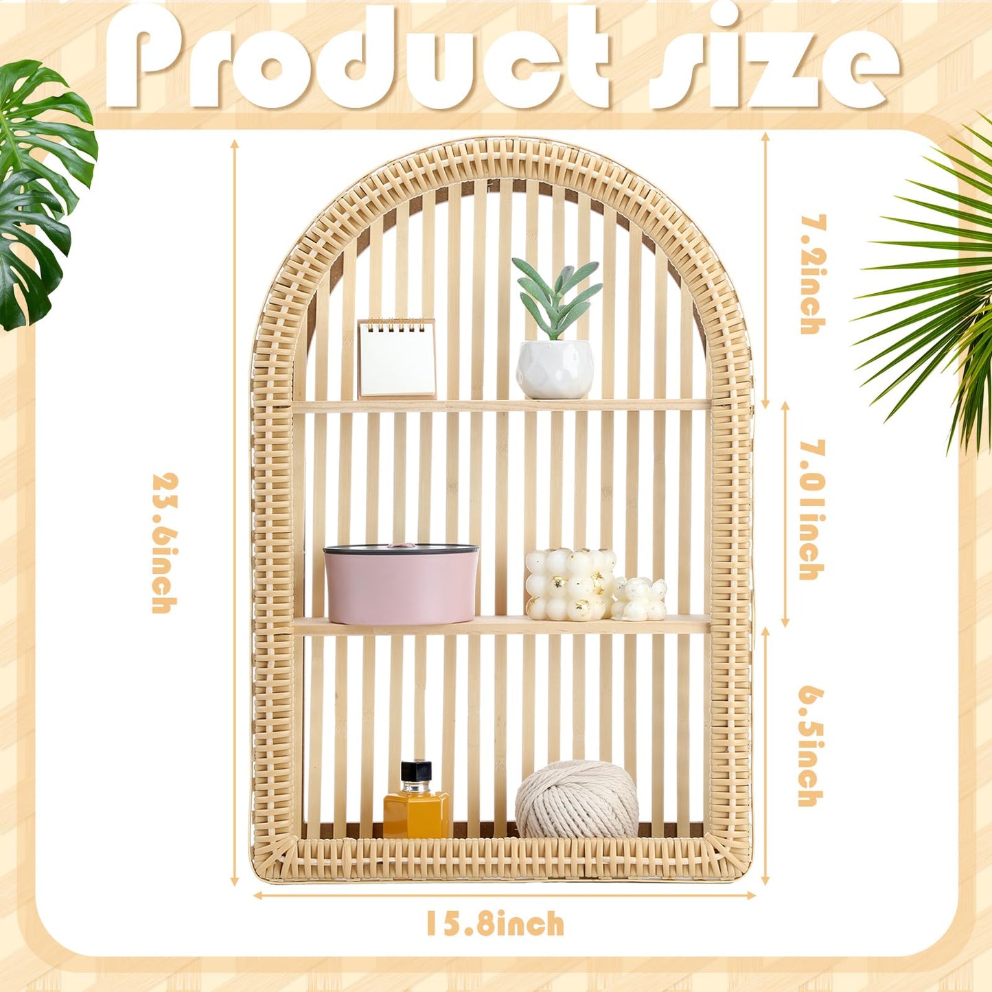 Vercraft Rattan Wall Shelf 3 Tier Boho Wall Mounted Shelf 23.62" x 15.75" Farmhouse Handcraft Bamboo Arched Floating Shelves for Living Room Home Bedroom Storage Decor