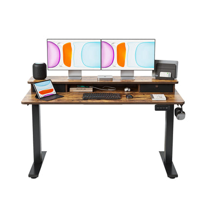 BANTI 55x24 Inch Electric Standing Desk with Double Drawers, Adjustable Height Stand Up Desk, Sit Stand Home Office Desk with Storage Shelf, Vintage Brown Top