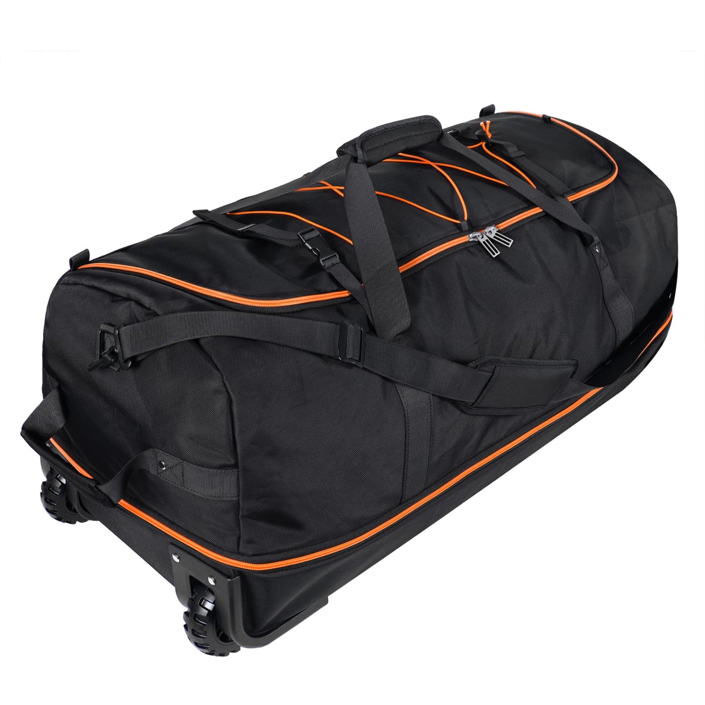 Bagenerous 110L/140L Expandable Soft-Sided Foldable Duffle Bag with 2 Rubber Wheels,Packable 32” Rolling Carry-On with Multi-Pockets & Compartments,Black Orange