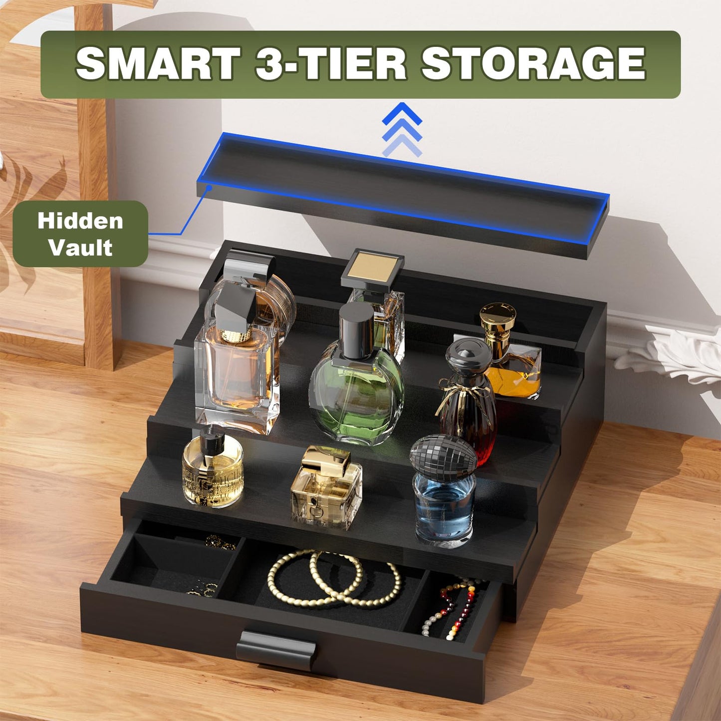 TIRYIUOU Perfume Cologne Organizer for Men: 4 Tier Wooden Perfumes Stand, Desktop Parfum Holder Wood Display Shelf with Cabinet, Bedroom Dresser Makeup Lotion Jewelry Storage Rack with Drawer