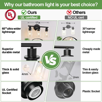 ZASTION 3-Light Bathroom Light Fixtures, Black Bathroom Wall Lights, Modern Bathroom Vanity Light with Clear Glass Shade, Bathroom Wall Lamp for Mirror Kitchen Bedroom Living Room