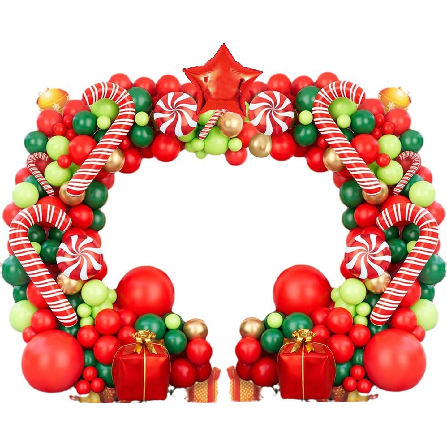 Leesoot Christmas Balloons Arch Decorations 144pcs Red Green Gold Balloons for Party Gift Star Candy Cane Balloons Indoor Outdoor Decor Christmas Balloon Garland Arch Kit