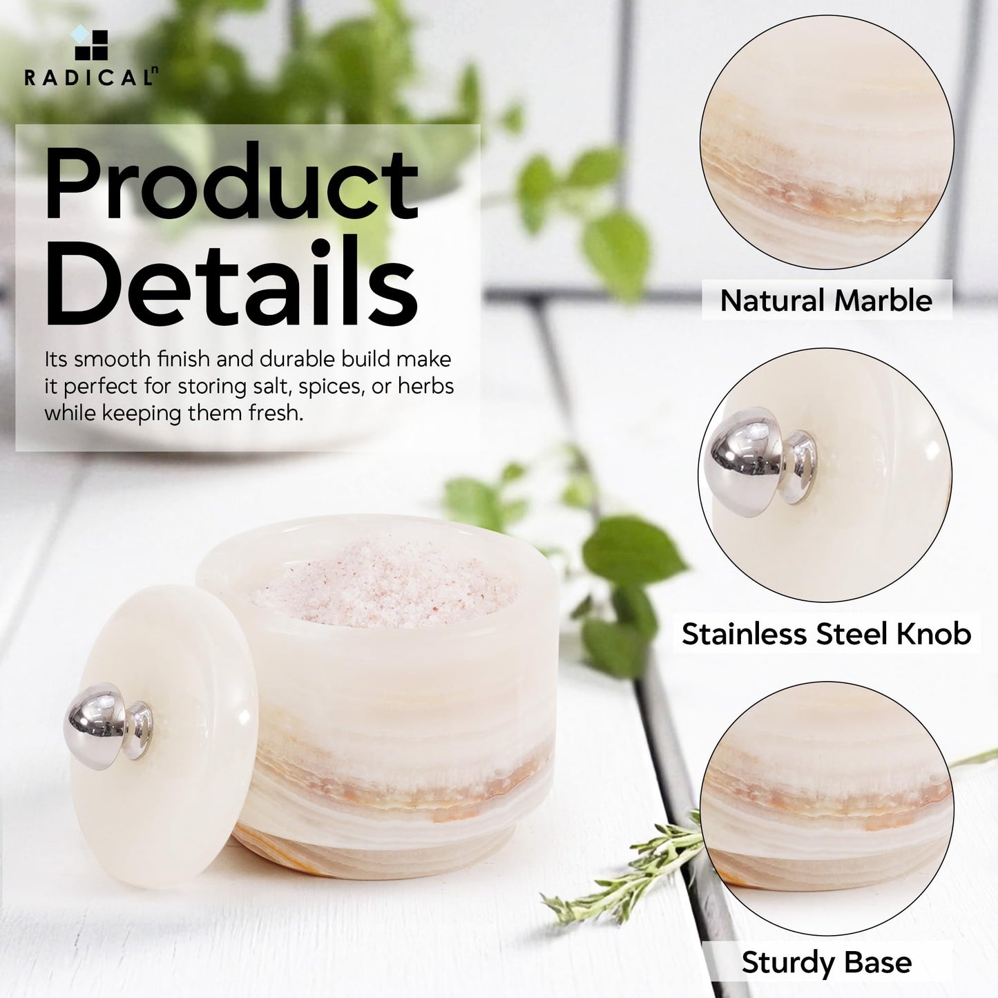 Radicaln Marble Salt Cellar with Lid 3" White Onyx Handmade Salt Box & Spice Jar for Kitchen Counter, Ideal Salt Holder, Sugar Bowl & Salt Dish, Salt Container For Housewarming Gift & Kitchen Decor