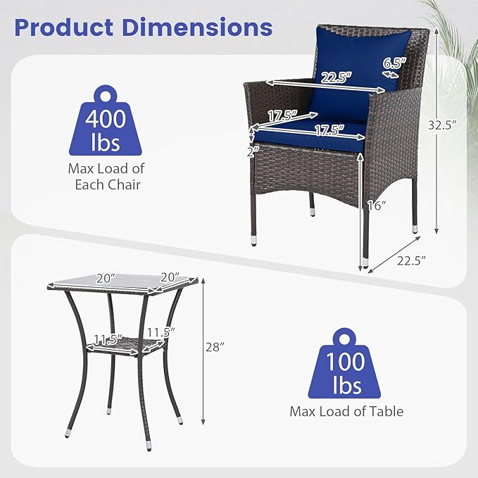 Tangkula 3 Pieces Patio Wicker Bistro Set, 2 Rattan Chairs w/ 2-Tier Tempered