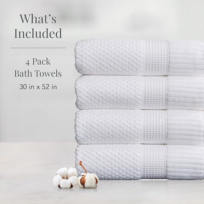NY Loft 100% Cotton Bath Towel Set of 4 | White Towels | Oeko-TEX® Standard 100