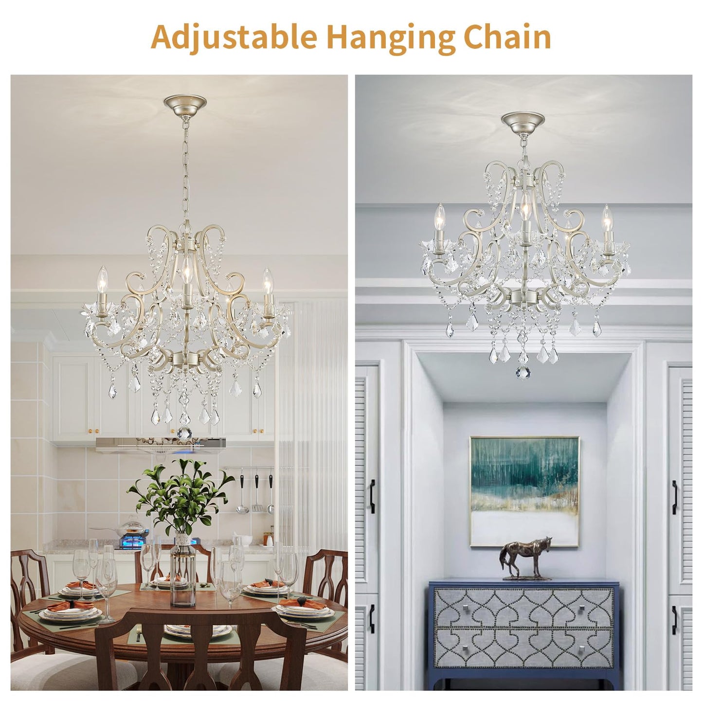 Crystal Chandelier, 5-Light Modern Chandelier for Dining Room Light Fixture, Nickel Finish Pendant Ceiling Light Fixture, Modern Candle Chandelier for Living Room Kitchen Island Entryway Bedroom