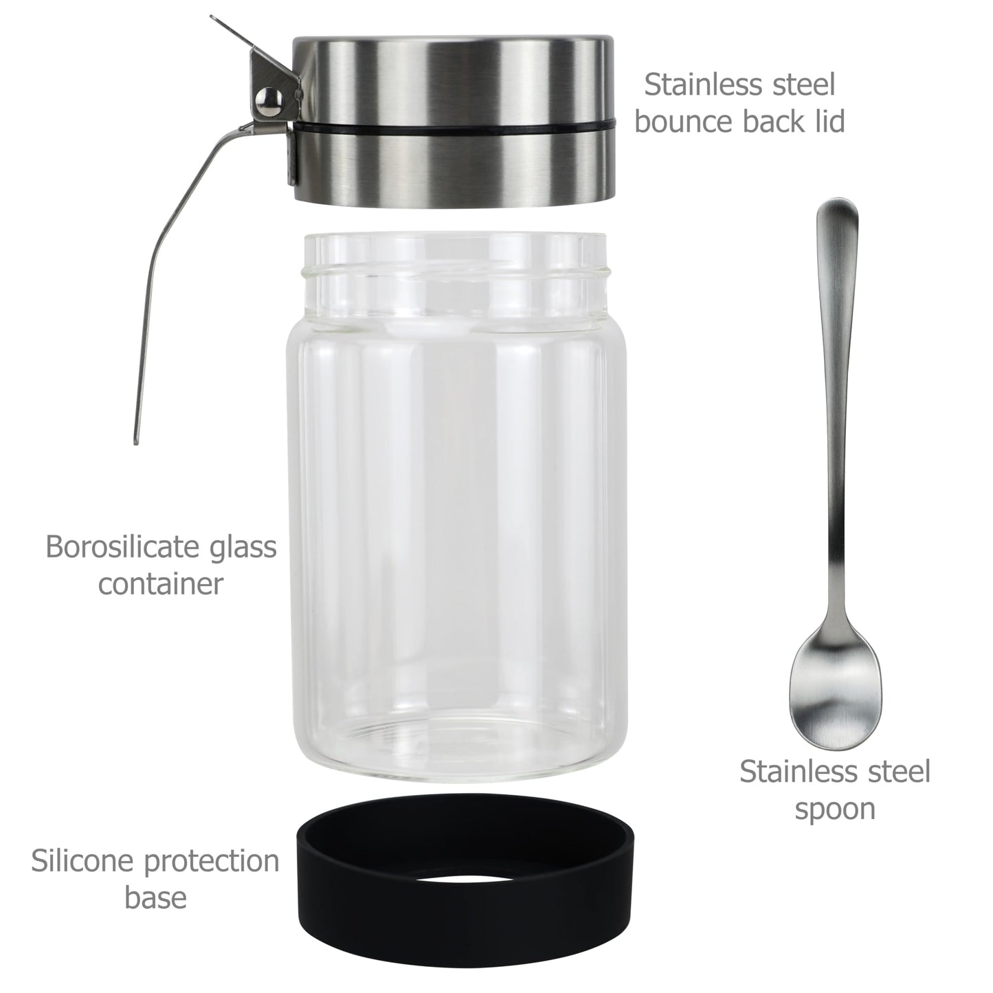 EIKS Glass Condiment Jars with Stainless Steel Lids and Spoons for Serving & Storing Sugar Spice Salt Seasoning in Home Kitchen Coffee Bar Restaurant, Container Capacity 450ml/14.5oz