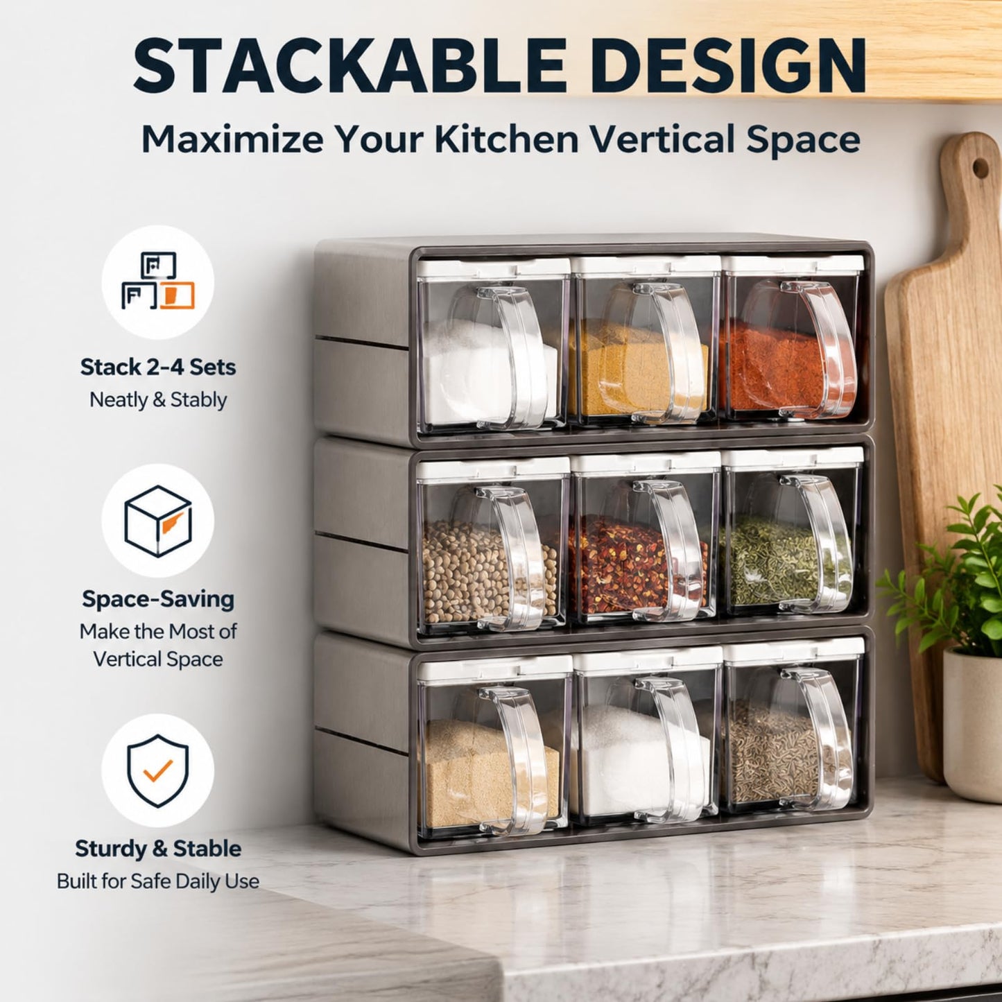 ZENFUN 3 Grids Seasoning Organizer Box, Stainless Steel Salt Container with Lid and Spoon, Seasoning Containers with Stainless Steel Rack for Home, Kitchen, Cafe, Storing Salt, Sugar, Pepper, Spice