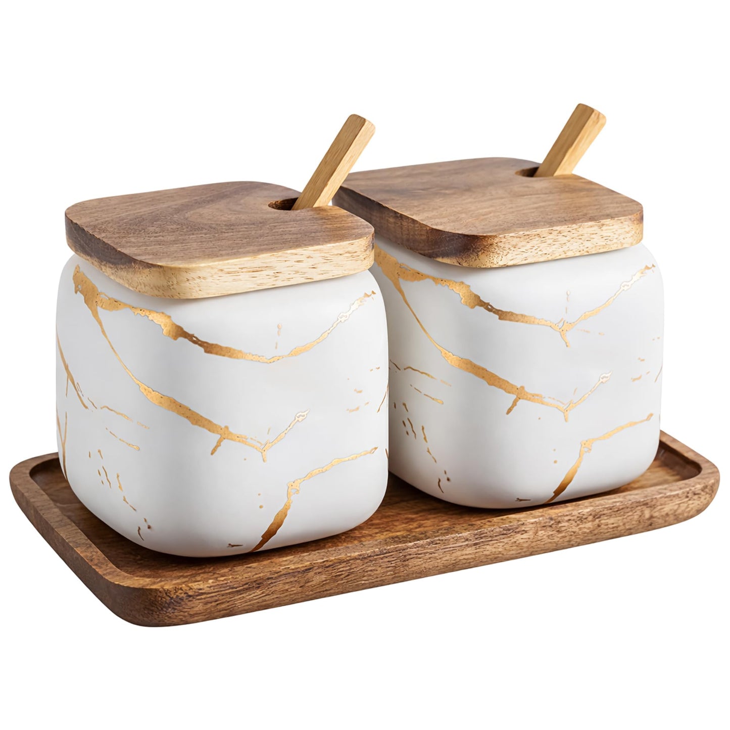 JFFLYIT 2 Sets of Marble Ceramic Sugar Bowl Ceramic Seasoning Jars with Wooden Lid and Wooden Spoon(White)