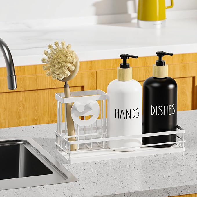 Moforoco Kitchen Dish Soap Dispenser Set, 16OZ Glass Bottle, Hand and Dish Soap