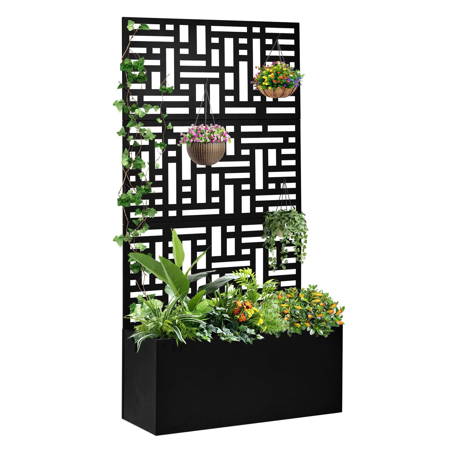 Outvita Metal Planter Box with Trellis, 71’’ x 36’’ x 16’’ Raised Garden Bed with Drainage Holes for Climbing Plants, Vegetables, Vines, Privacy Planters for Patio (Black)