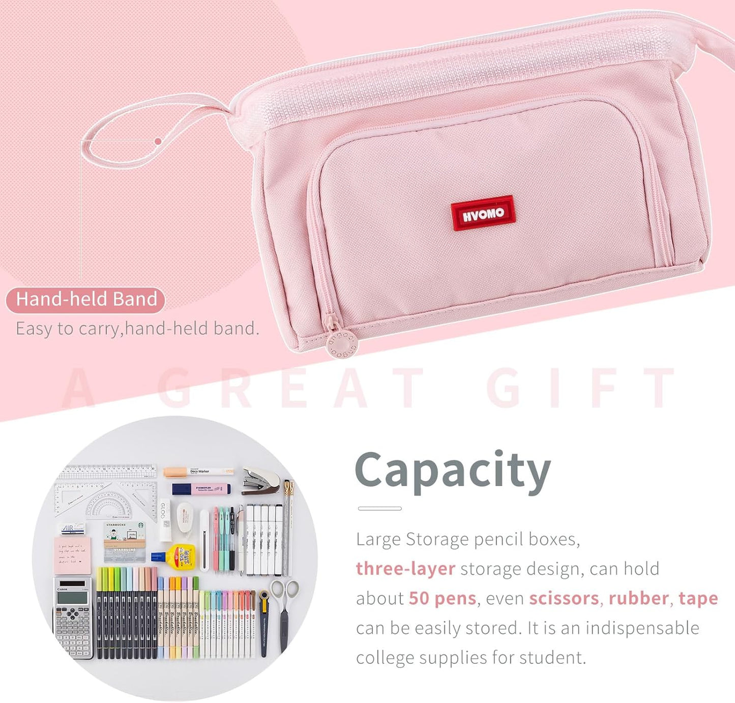 HVOMO Pencil Case Large Capacity Pencil Pouch Handheld Pen Bag Cosmetic Gift for Office School Teen Girl Boy Men Women Adult (Pink)