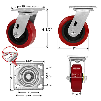 NINOSO Heavy Duty Casters, 5" Industrial Swivel Casters, Polyurethane Tread on Polypropylene Core, Casters Set of 4 with Load 3200lbs Capacity, Caster Wheels for Cart Toolbox (4 Swivel)