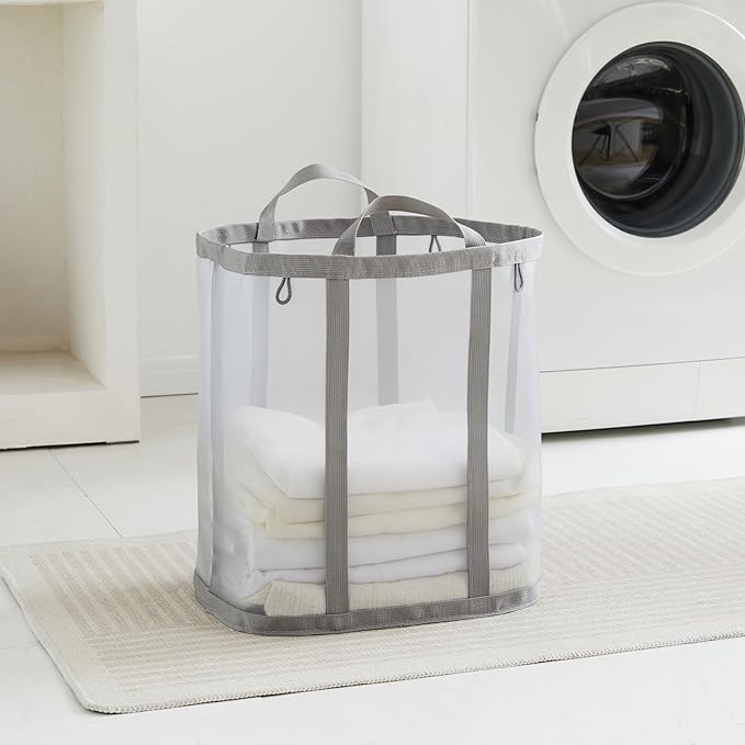 Mesh Laundry bag with Handles, 42L Collapsible Laundry Basket with 2 Hooks