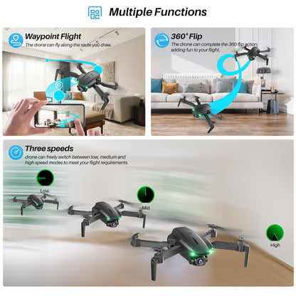 SIMREX Drone With 1080P Camera for Kids Adults, Mini RC Quadcopter Foldable, One Key Start, Waypoint Fly, Headless Mode, Auto-Follow, 3D Flip, 3 Speeds, 2 Batteries, Easy for Beginners, Black