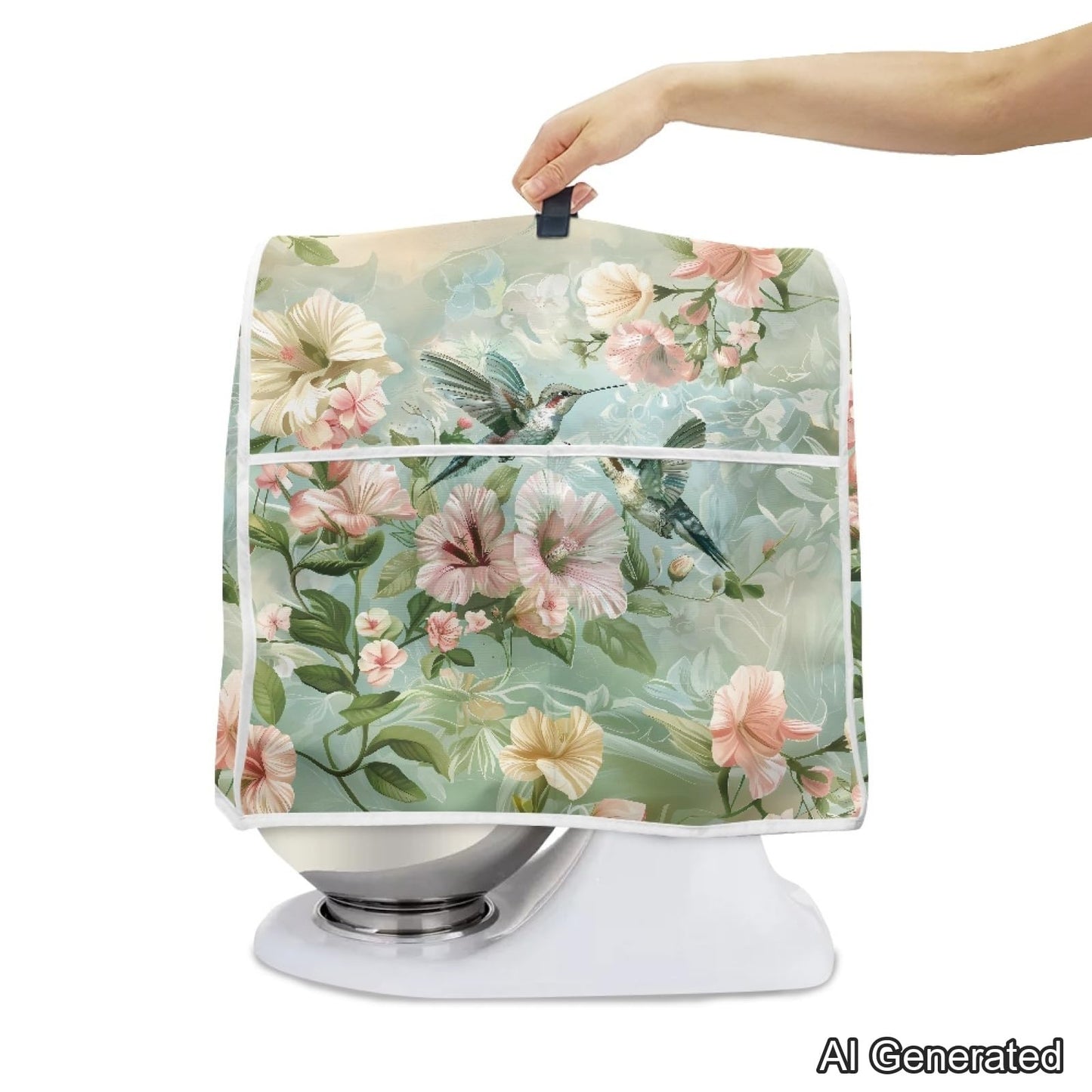 YUVAMAGIMO Floral Hummingbird Foldable Portable Mixer Cover | Dust Protector with Handle & Pocket | 6-8 Quart Kitchen Appliance Protector for Home Decor