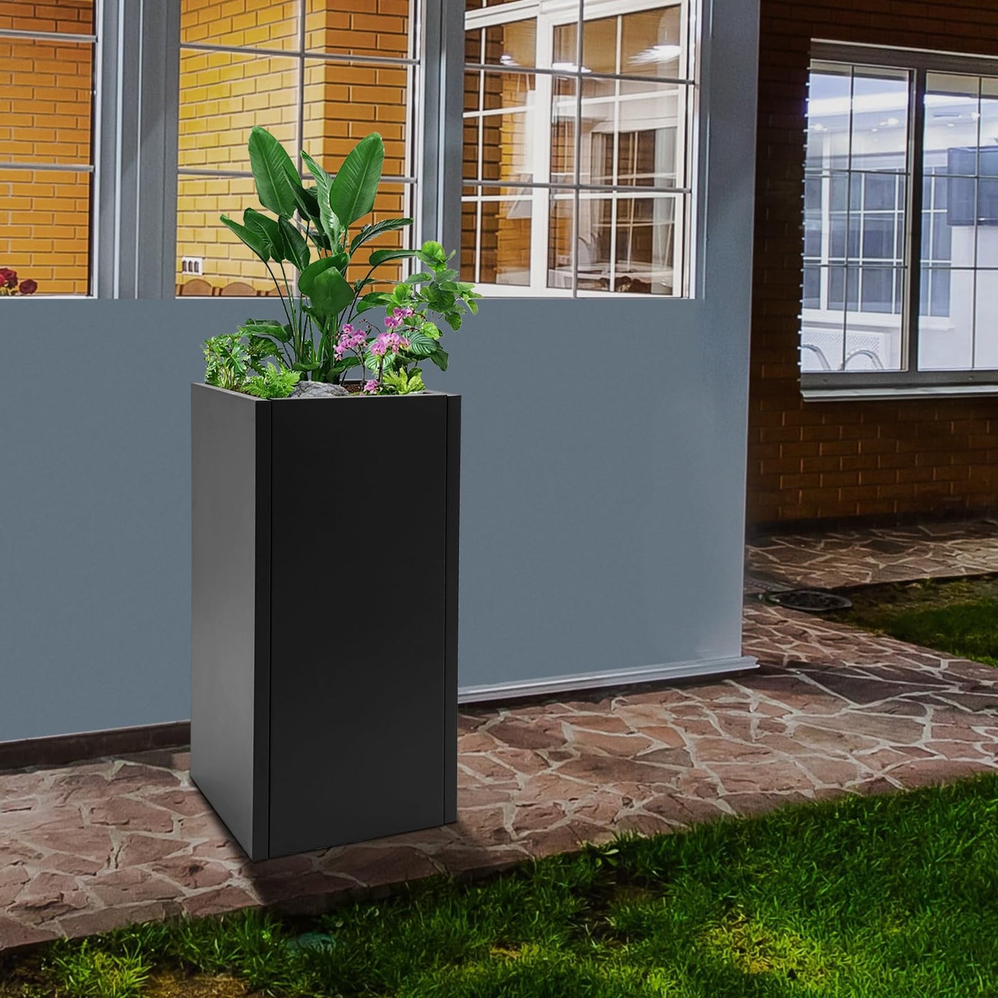 LUOSHALIYA Metallic Heavy Outdoor/Indoor Planter Box, Seamless Large Metal Planter for Tall Trees, Plants, Flowers, No Assembly Required (Black, 14 * 14 * 30 inch)