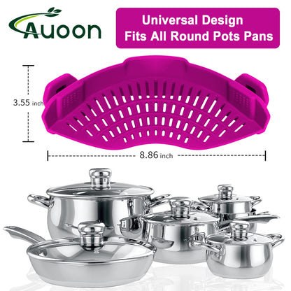 AUOON Clip On Strainer Silicone for All Pots and Pans, Pasta Strainer Clip on Food Strainer for Meat Vegetables Fruit Silicone Kitchen Colander