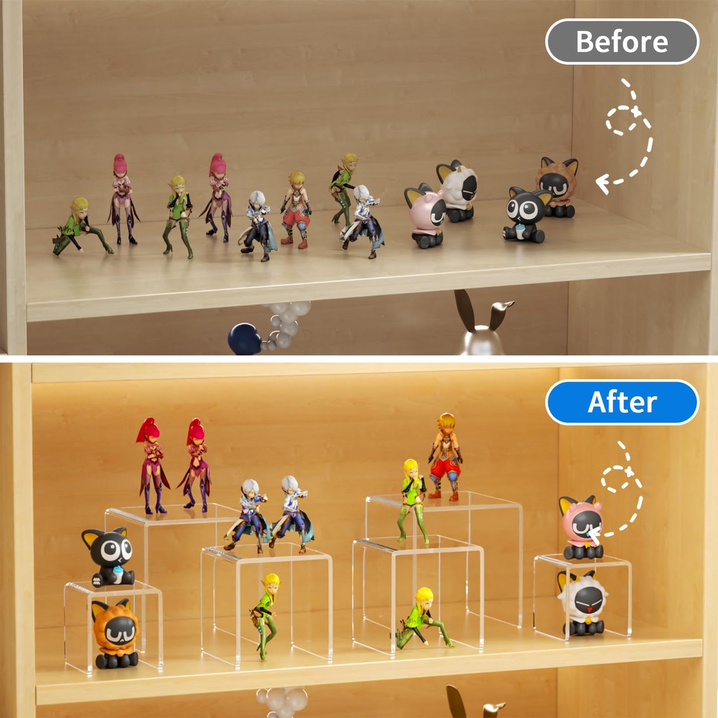 NIUBEE Acrylic Display Risers Stand 2 Sets,3 Steps Clear Riser Shelf Showcase for Amiibo Funko POP Figures -3"x3"x5"