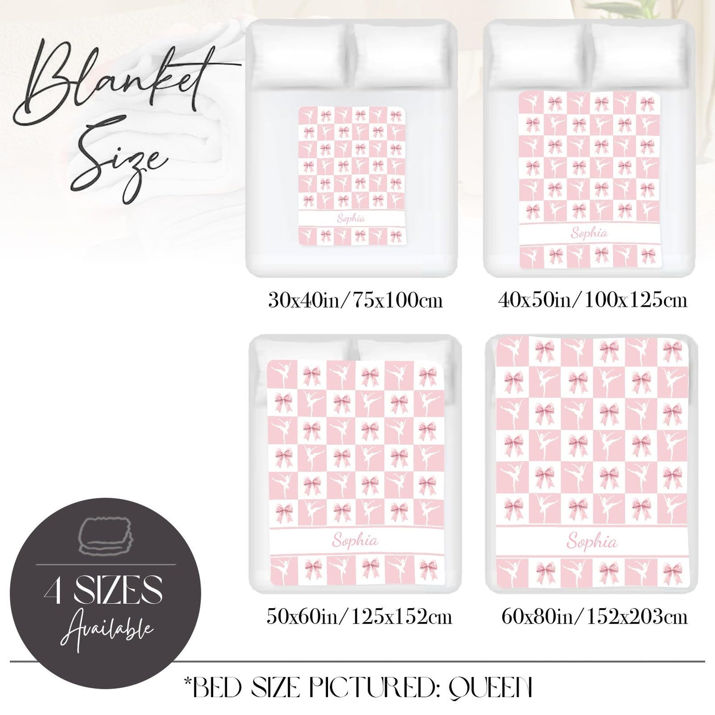 Customized Ballet Blanket with Pink Bow, Add Your Name Text Blankets Soft Warm Small Throw for Her Girls Girlfriend Wife Sister Mom