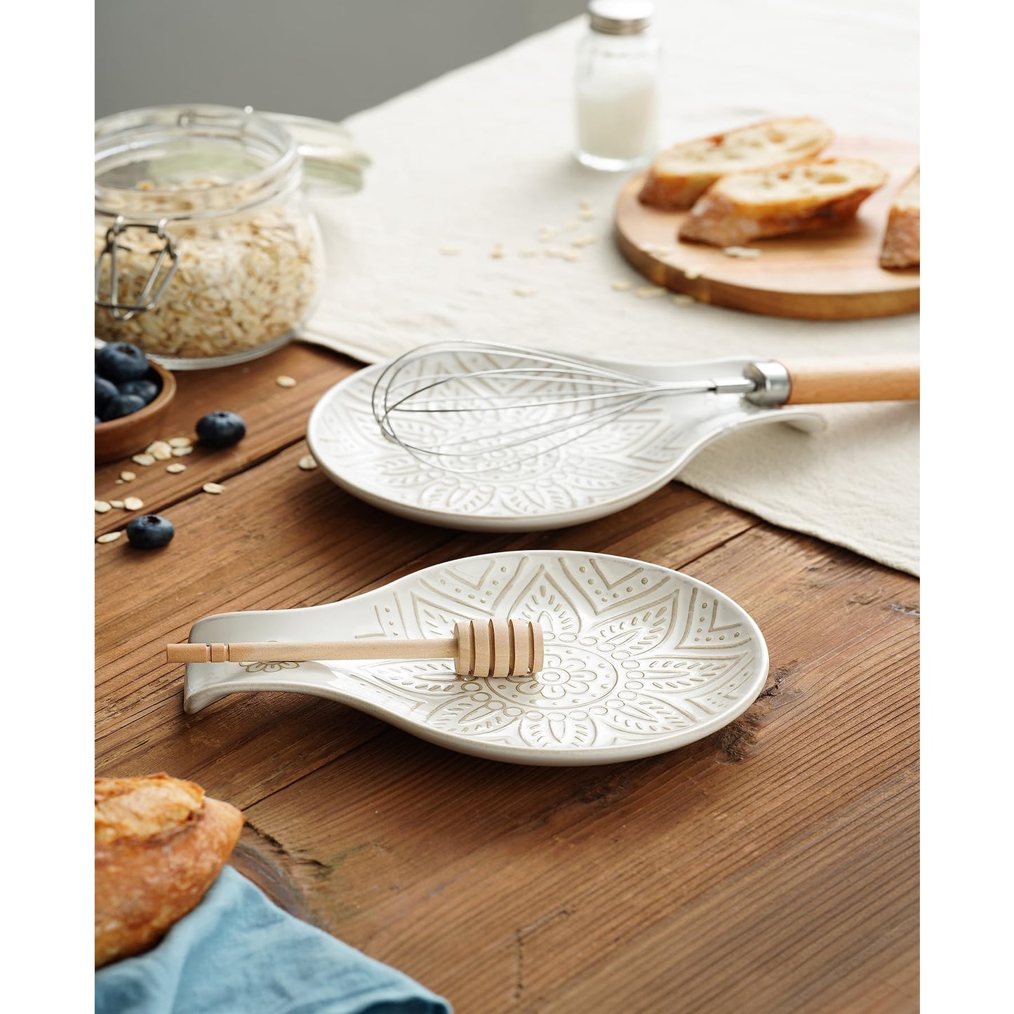 Ceramic Spoon Rest for Stove Top, 7.48 Inches Spoon Holder for Kitchen Counter, Kitchen Counter Decor, Dishwasher Safe, Off-White