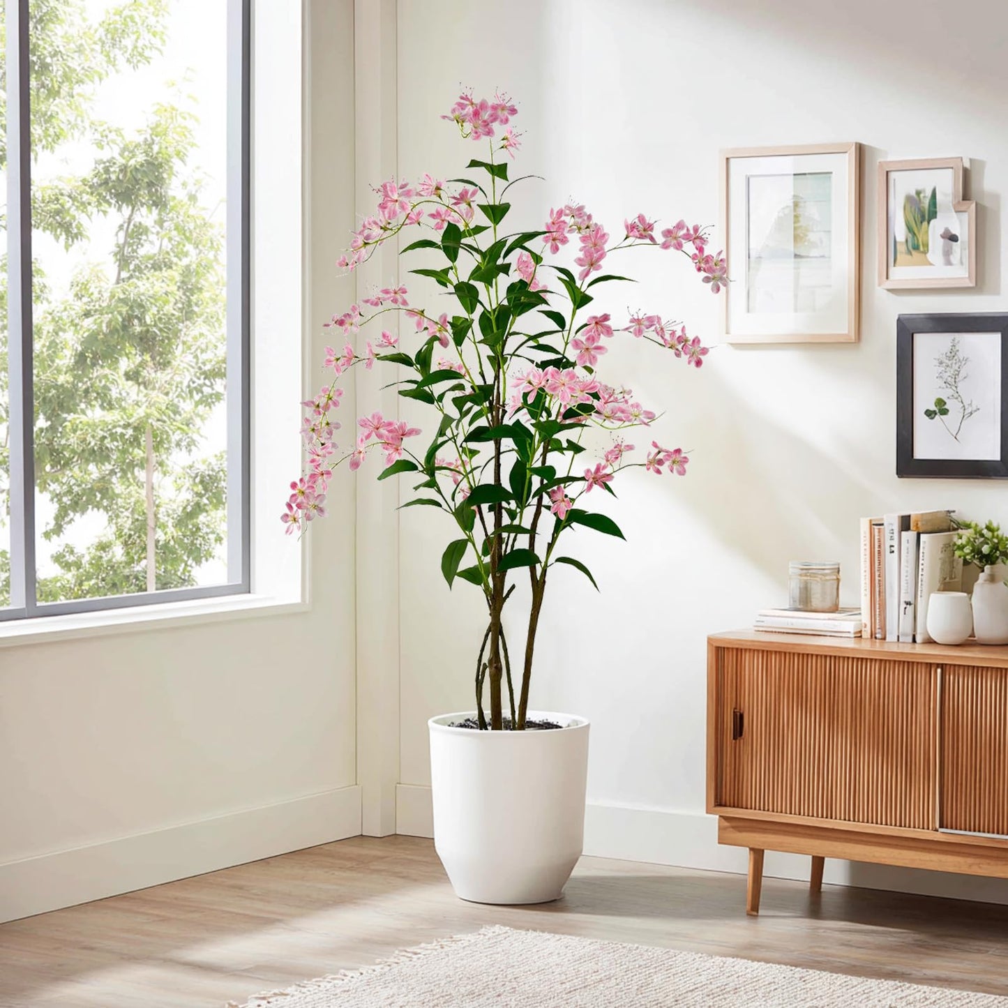 VIGGDA 5ft Artificial Jasmine Tree – Faux Potted Plant with Pink Blooms, Fake Silk Tree for Indoor Home Decor, Realistic Tall Fake Plant for Living Room, Bedroom & Office
