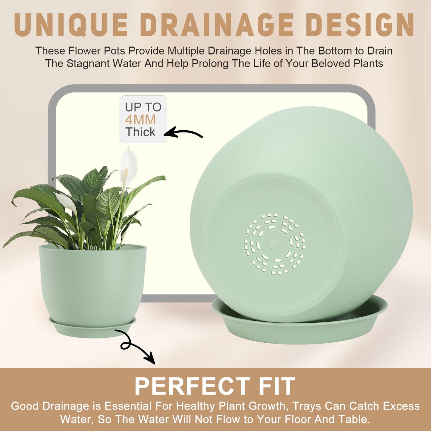 YNNICO Plant Pots 10/9/8/7.5/7 inch Flower Pots with Multi Mesh Drainage Holes, Planters for Indoor Outdoor Garden Plants and Flowers. (Green)