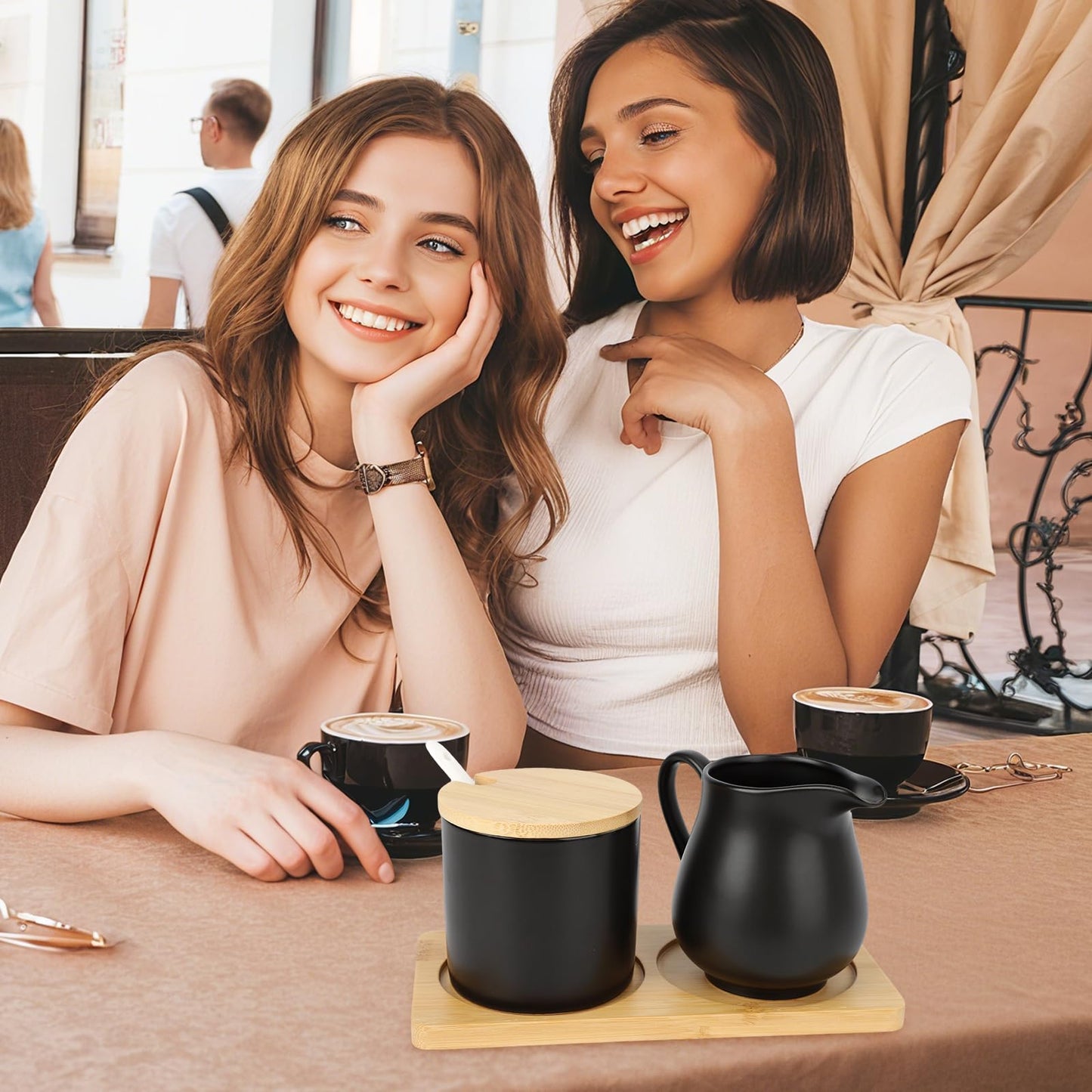 Ceramic Sugar and Cream Serving Set with Lid and Spoon, Coffee Serving Set Coffee Bar Accessories 9oz Creamer 8.45oz Sugar (Black)