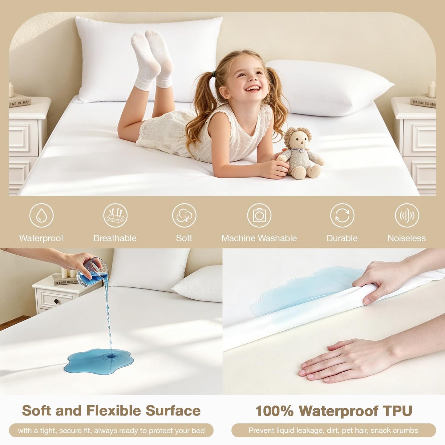 King Size Mattress Protector Waterproof- Washable Mattress Cover Fitted Bed Pad Noiseless Plastic Protection Up to 18” Mattress Protector Soft&Breathable（White）
