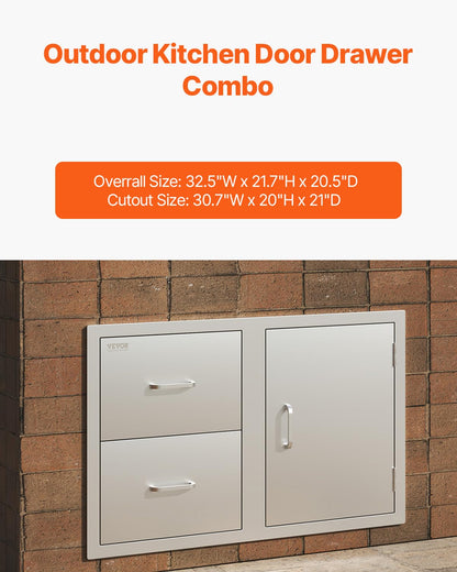 VEVOR Outdoor Kitchen Door Drawer Combo, 32.5"Wx21.7"Hx20.5"D, Access Door Double Drawers with Paper Towel Rack, BBQ Island Drawers with Stainless Steel Handles, 30.7"Wx20"Hx21"D Cutout Size