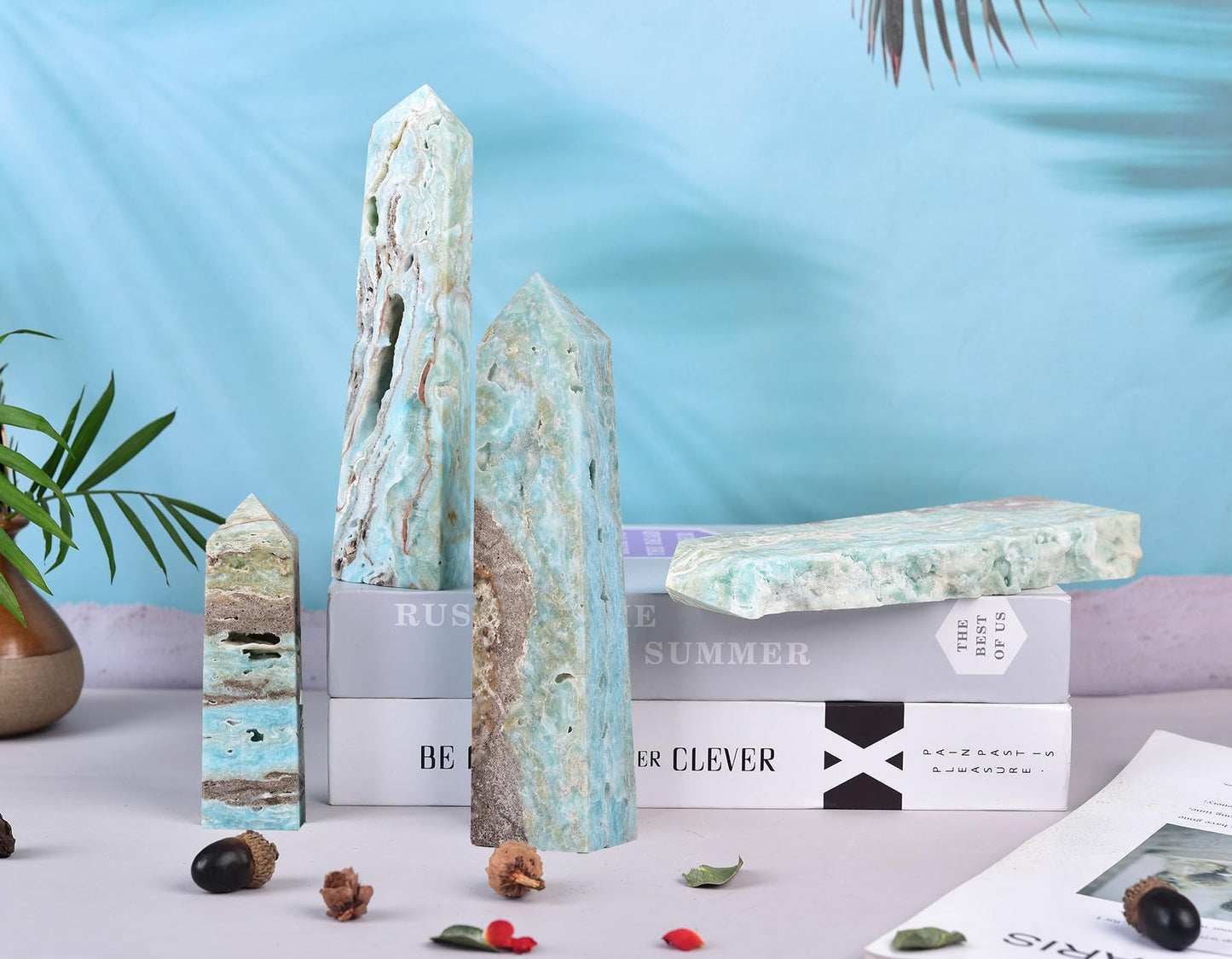 AMOYSTONE Healing Crystal Tower Wands Hemimorphite Large Obelisk for Home Décor Crystal Grid Therapy 1.3-1.7 LBS