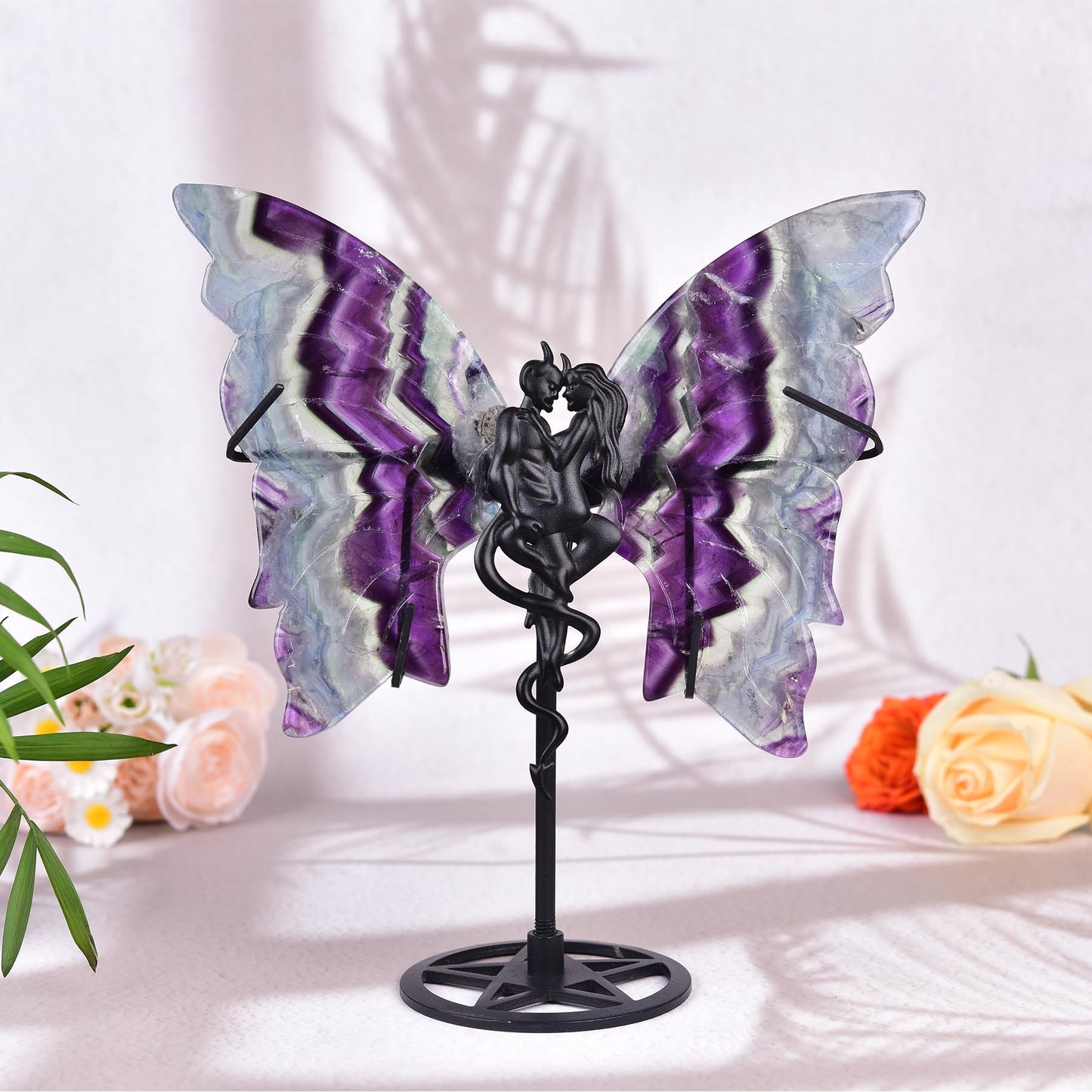 JIC Gem Large Amazing Gemstone Feather Fluorite Crystal Butterfly Art Decorative Healing Crystal Slices Carved Angel Wings with Stand Office Home Decor Reiki Crystal Gifts (1pair, 17-18cm)