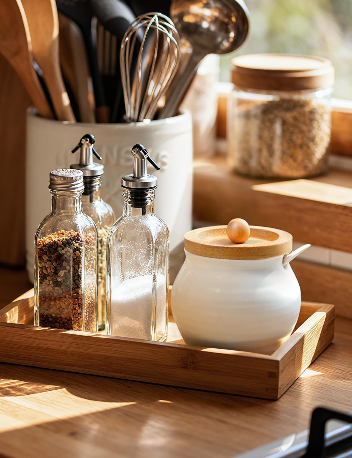 AISBUGUR Sugar Bowl with Lid and Spoon: 13oz Sugar Jar with Bamboo Lid,Ceramic Sugar Container for Coffee Bar - Countertop,Kitchen Decor (White)
