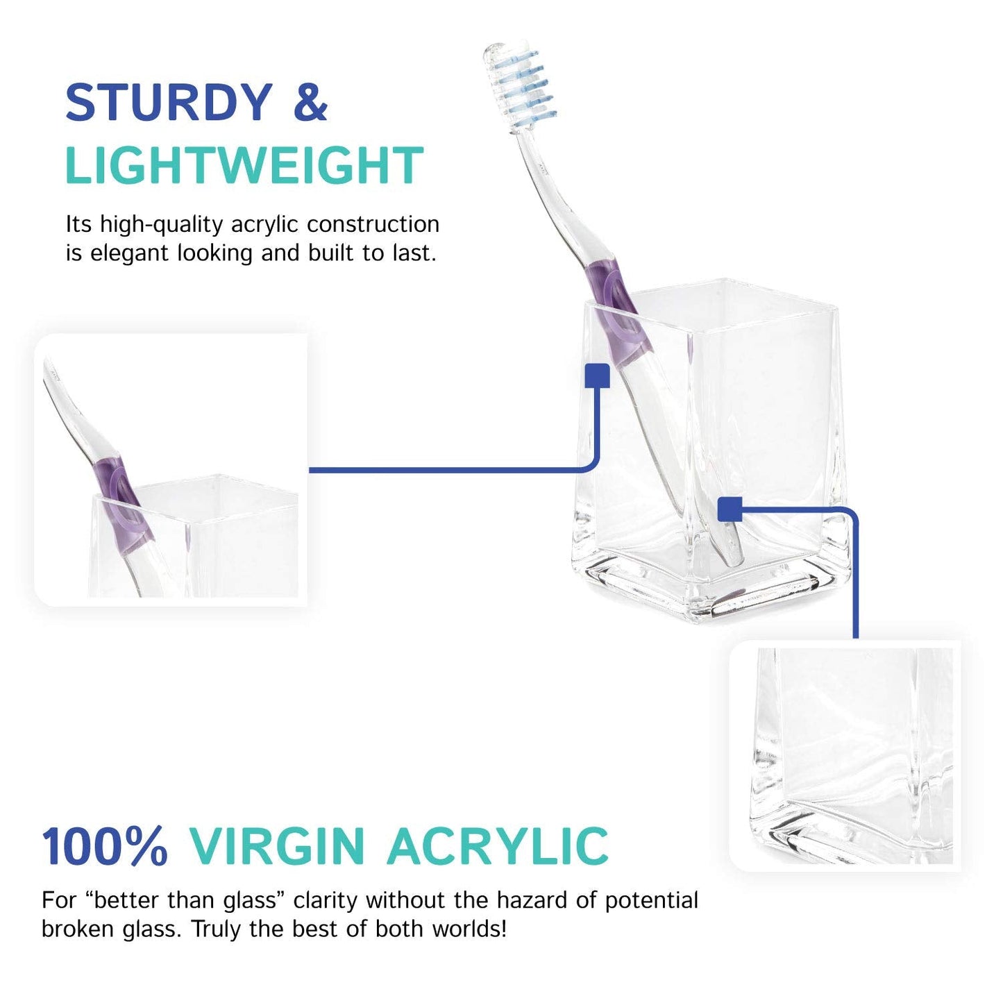 Huang Acrylic Clear Square Tapered Bathroom Toothbrush Holder/Tumbler | Easy to Clean Durable Acrylic | Single Piece Set