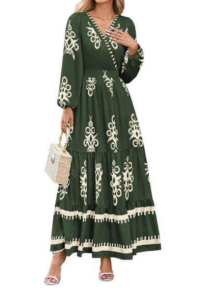 PRETTYGARDEN Women's 2025 Fall Wedding Guest Dresses Boho Floral Long Sleeve V Neck Flowy Elegant Maxi Dress Beach Clothes