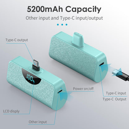 Mini Portable Charger USB-C Power Bank 5200mAh,Ultra Compact LCD Display Battery Pack Backup Charger Compatible with iPhone 17/17 Air/17 Pro/17 Pro Max/16/16 Plus/16 Pro Max/15 Series,Samsung-Green