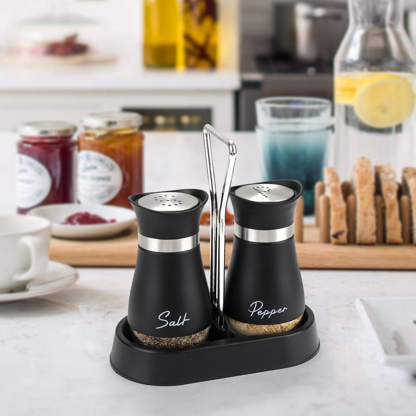 Accmor Salt and Pepper Shakers Set with Holder, 4 oz Stainless Steel Salt Pepper Shaker Containers with Glass Bottom for Kitchen Cooking, BBQ, Bar, Table, RV, Camp