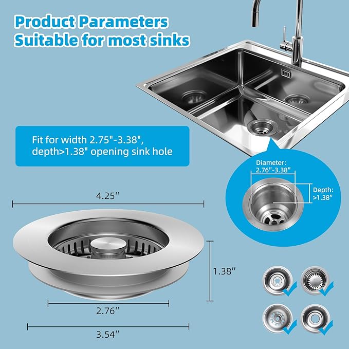 Hibbent All Metal Stainless Steel 3 in 1 Kitchen Sink Drain Strainer, Upgraded