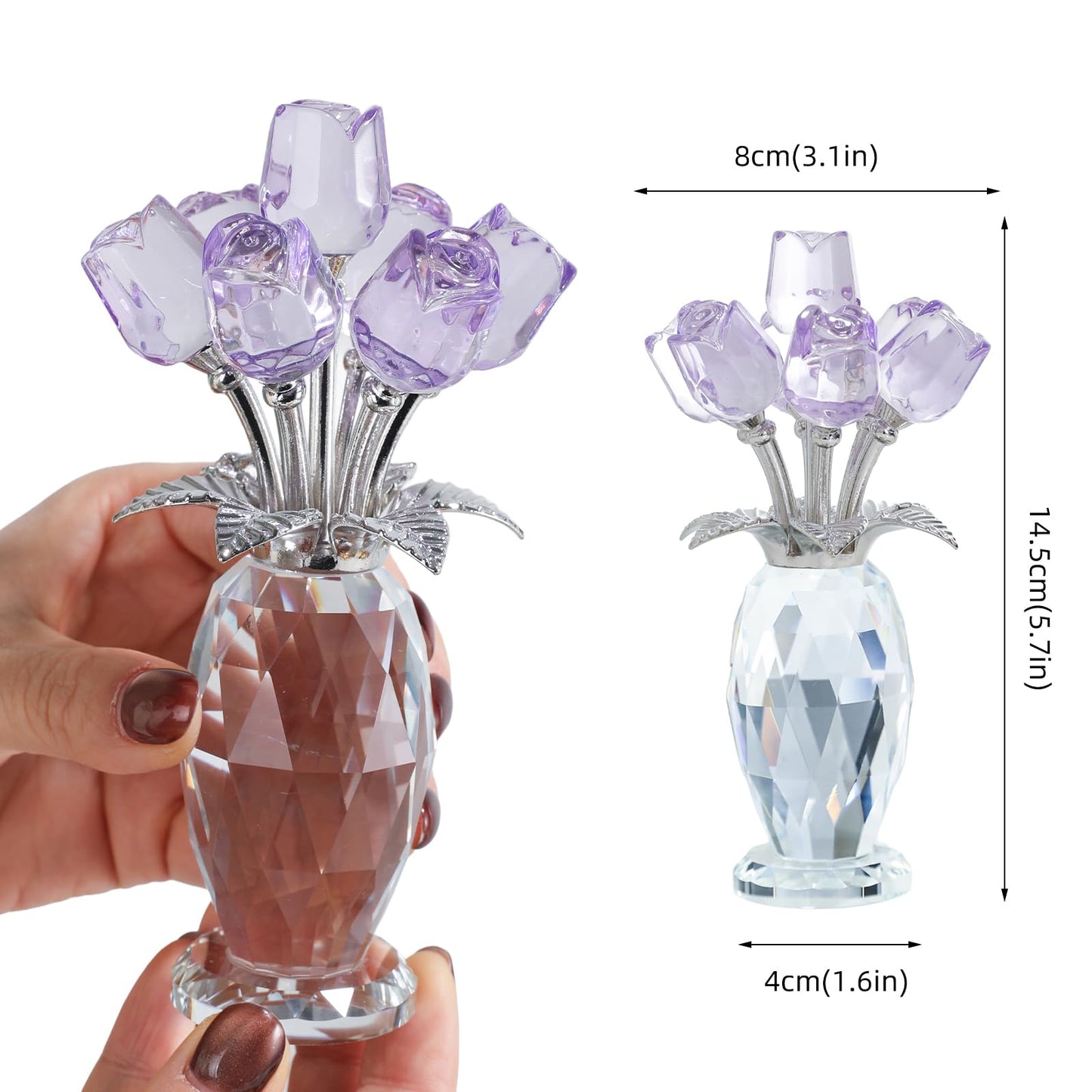 MysticGlitz Purple Crystal Rose Figurine in Faceted Vase - Hand-Polished 5.7" Glass Flower Statue Home Decor - Forever Rose Collectible for Mothers Day, Birthday, Wedding for Her