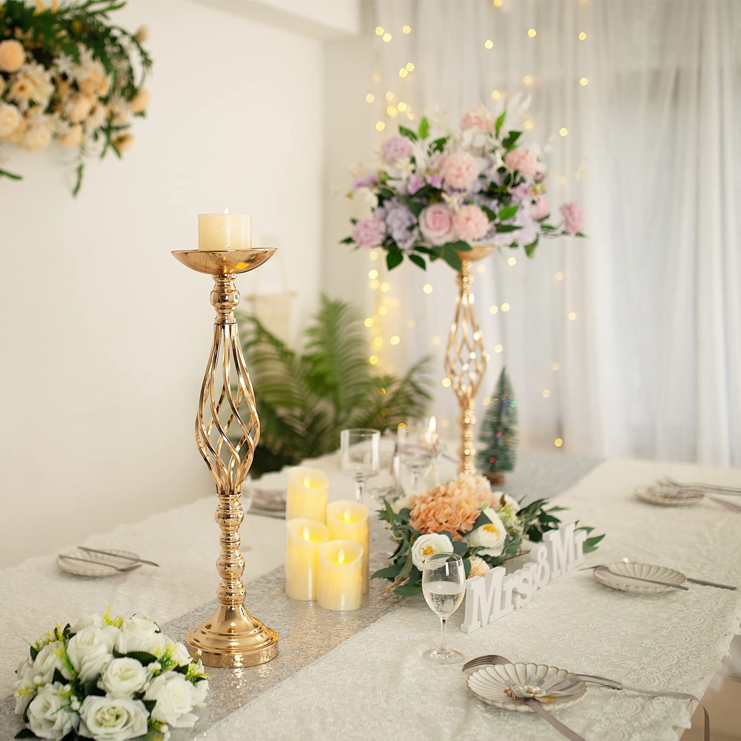 Gold Wedding Vases for Table Centerpieces - Twist Candleholder Stands, Elegant Floral Arrangement Vases, Metal Centerpieces for Reception Table Wedding Road-Leading Home Decor