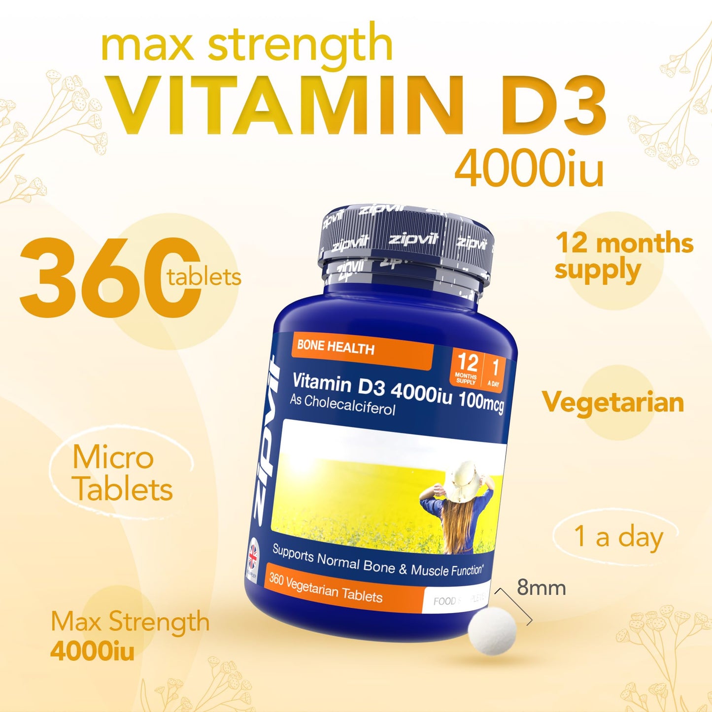 Zipvit Vitamin D3 4000 IU, 360 Maximum Strength Vitamin D Tablets, 12 Months Supply, Vegetarian, 1 a Day, VIT D3 As Cholecalciferol, Supports Bones Muscles, Immune System