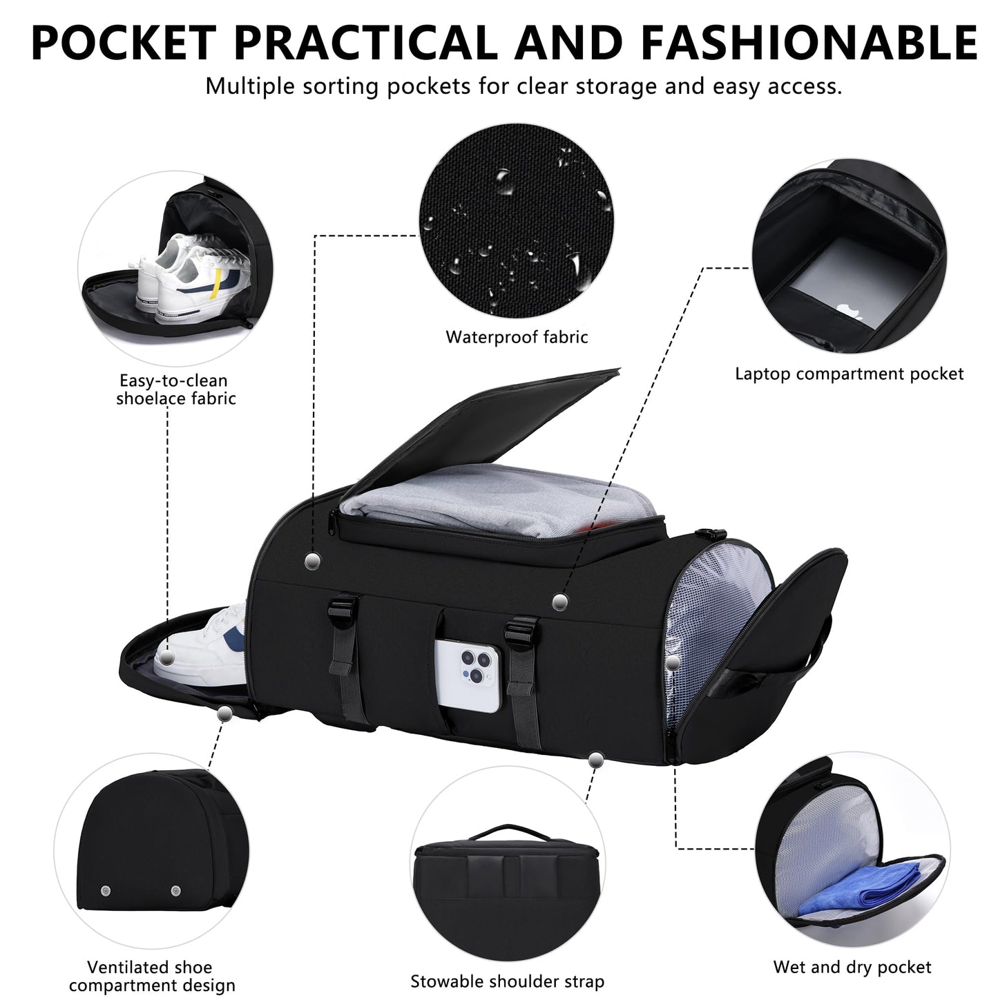MIYCOO Gym Bag for Men Women with Shoes Compartment - Duffle Bag, Travel Backpack, Sports Backpack, Weekender Overnight Bag with Wet Pocket - Black
