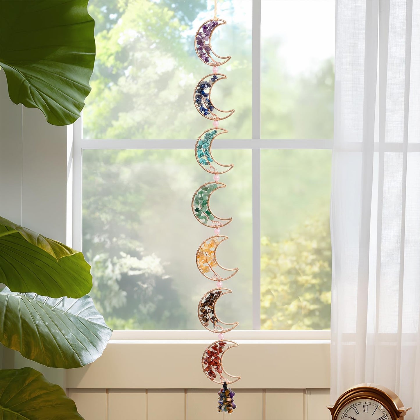 7 Chakra Healing Crystals Hanging Ornament，Handmade Tree of Life Chakra Stones Moon Natrual Gemstones Wall Hanging Ornaments for Home Decor Yoga Meditation(7 Moon Crystal Tree)