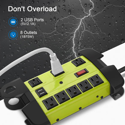 Heavy Duty Power Strip with USB, Workshop 8 Outlet Surge Protector 2700 Joules, Industrial Metal 15Amp Power Strip, 6FT Extension Cord and Wide Spaced. Yellow