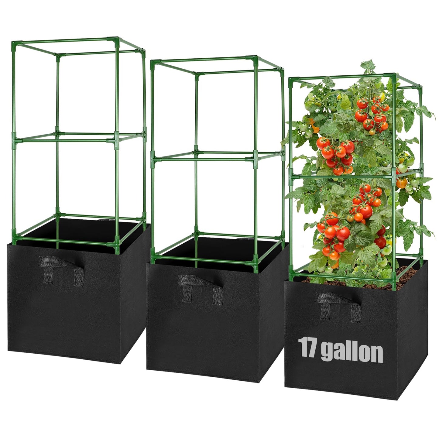 ANPHSIN Sturdy Square Tomato Cage with Movable 17 Gal Grow Bags - 3 Sets 46'' Plants Garden Trellis Planter, Support for Indoor Outdoor, Cucumber, Beans, Peppers, Eggplants, Climbing Vegetables