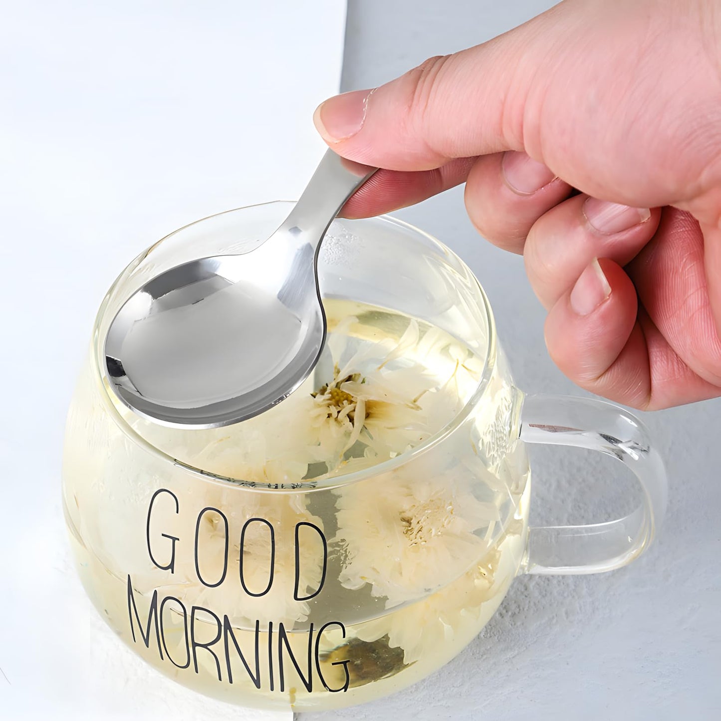 5PCS Short Handle Spoon, Stainless Steel Mini Spoons Thickened Small Round Spoon For Salt Condiments Dessert Tea Coffee (Silver)