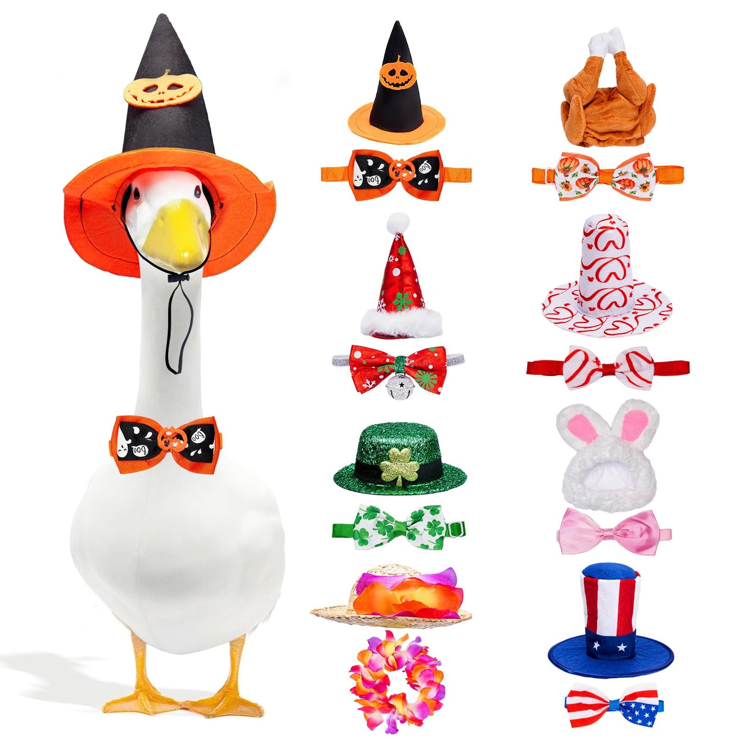 8 Set Holiday Porch Goose Outfits for 17/19/23" Plastic Lawn Goose - 4th of July, Summer, Thanksgiving, Valentines, St. Patricks, Easter Clothes - Patio Yard Garden Decor with Hat and Bow Tie