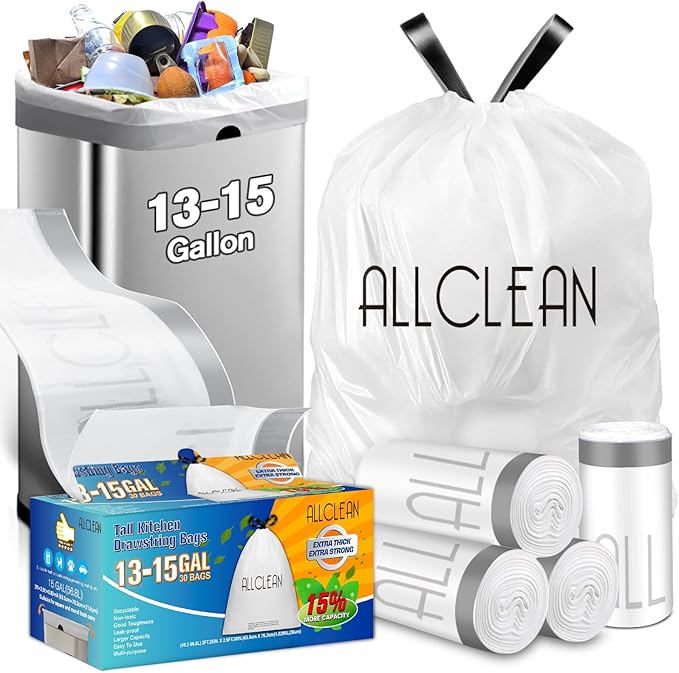 Allclean 13 To 15 Gallon Trash Bags, Tall Kitchen Garbage Bags Drawstring