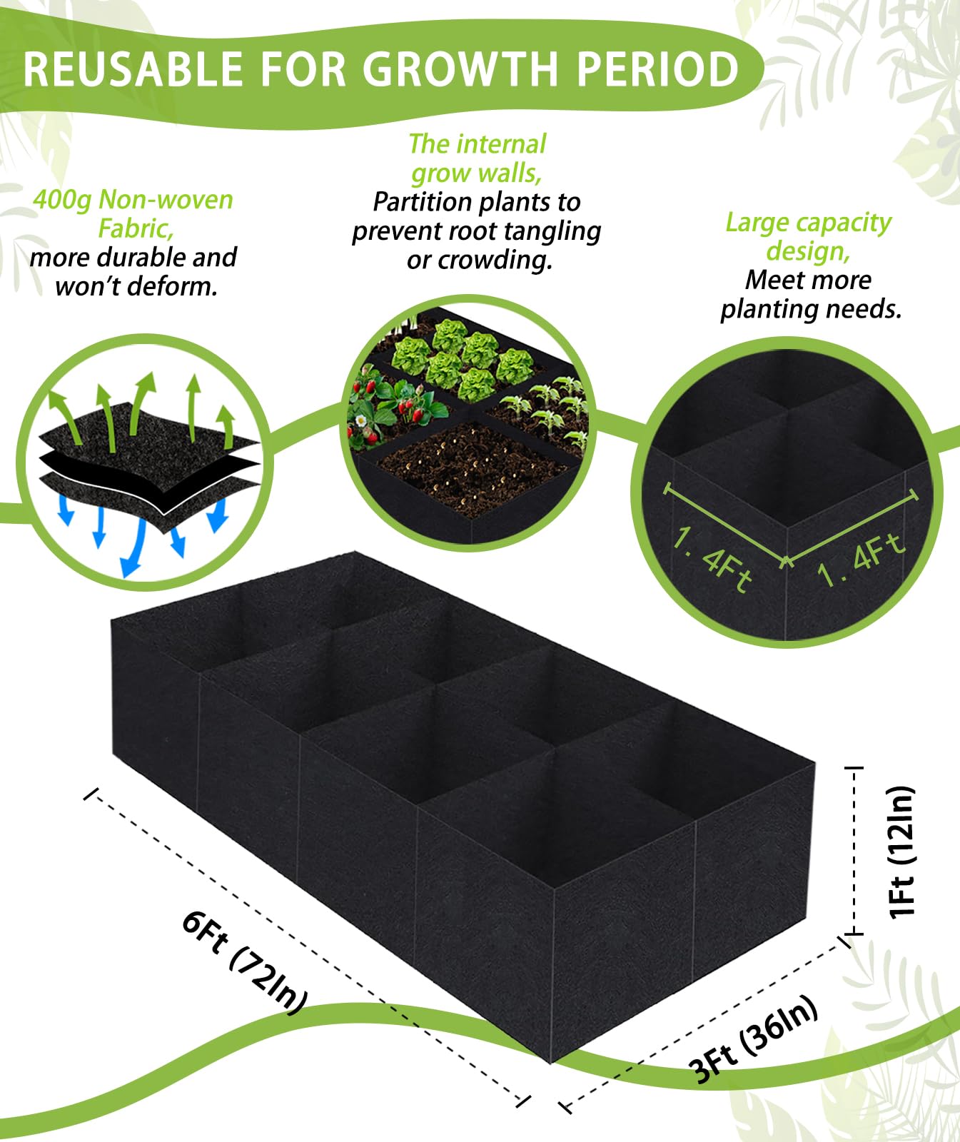 Linksandt Fabric Grow Bags, Raised Garden Bed for Vegetable Herbs Flowers, 128 Gallon Fabric Plant Pots Indoor Outdoor, 6x3x1ft