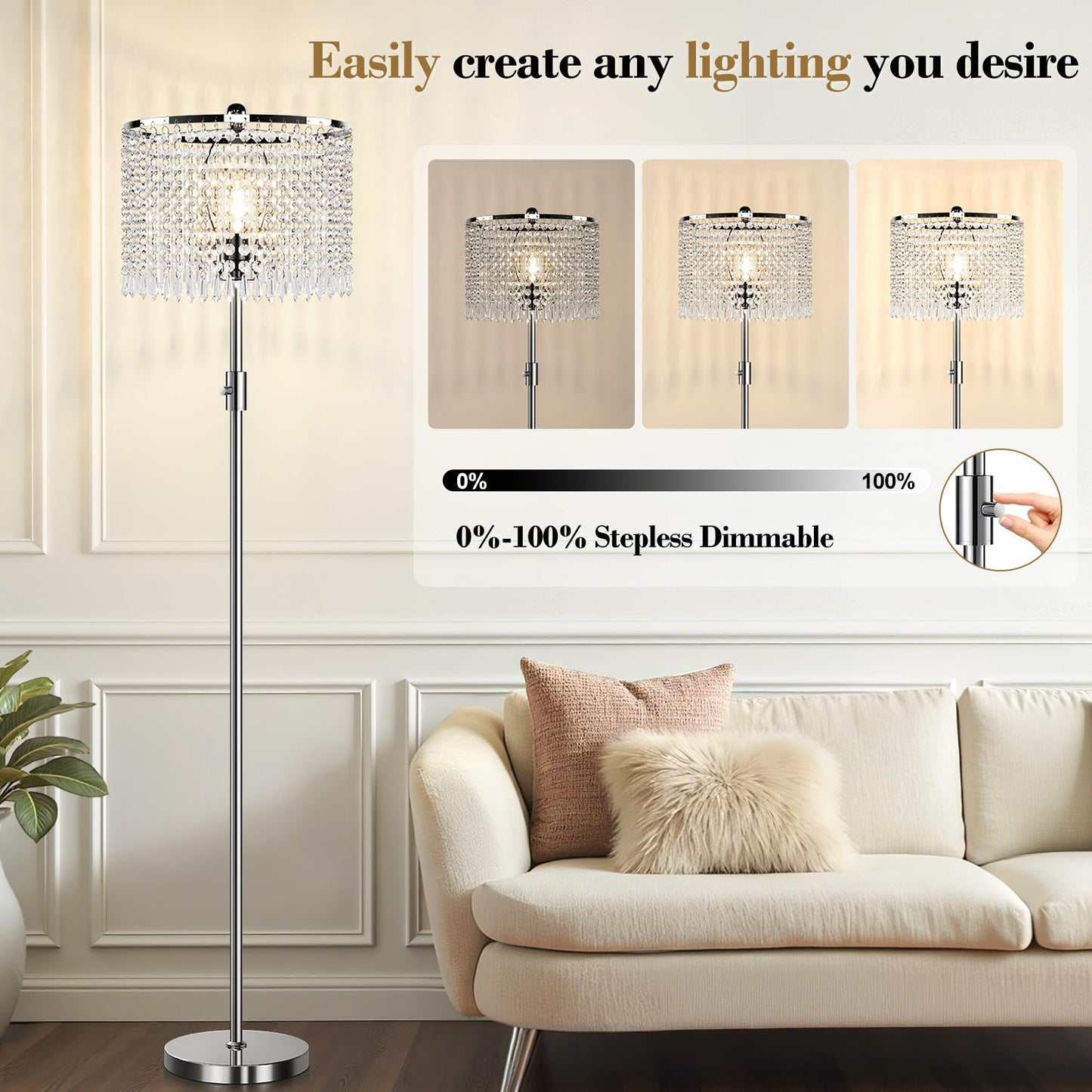 Yemela 【Upgraded】 Dimmable Crystal Floor Lamps for Living Room, 1000LM LED Bulb Included, Standing Lamp with Knob Switch, Tall Silver Modern Floor Lamp for Bedroom Nursery Office Reading